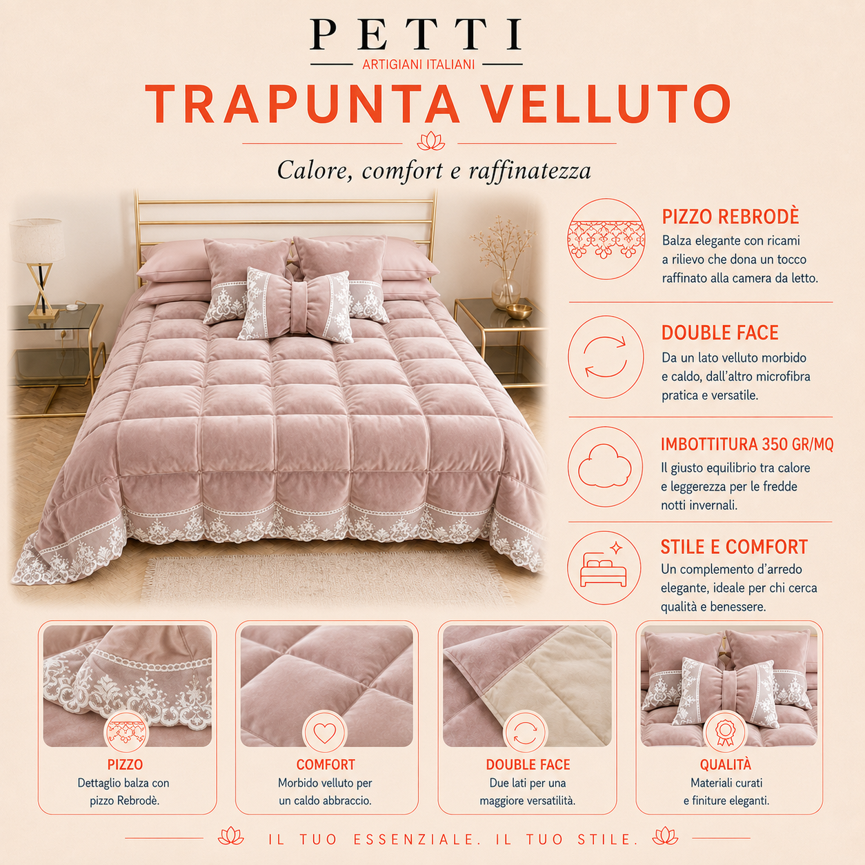 Trapunta Invernale in Morbido e Caldo Velluto e Balza con Pizzo Rebrodè Celeste Carta da Zucchero