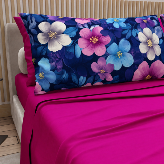Lenzuola in Cotone, Completo Letto con Federe in Stampa Digitale Petalo 05 Fucsia
