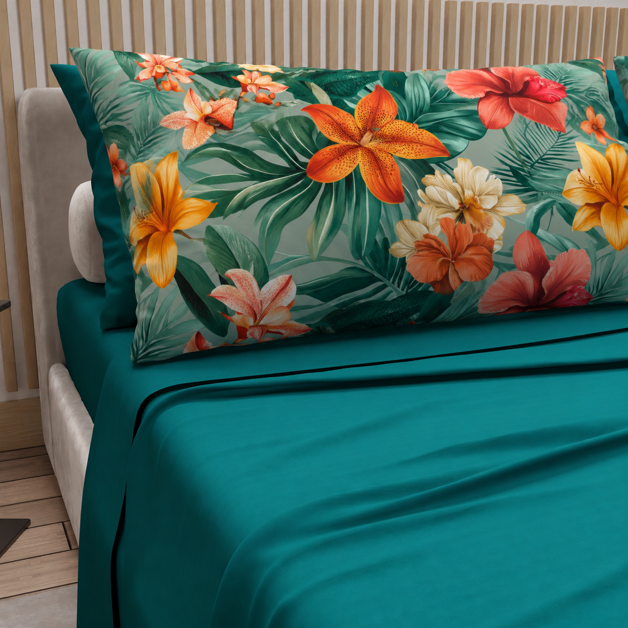Lenzuola in Cotone, Completo Letto con Federe in Stampa Digitale Petalo 04 Ottanio