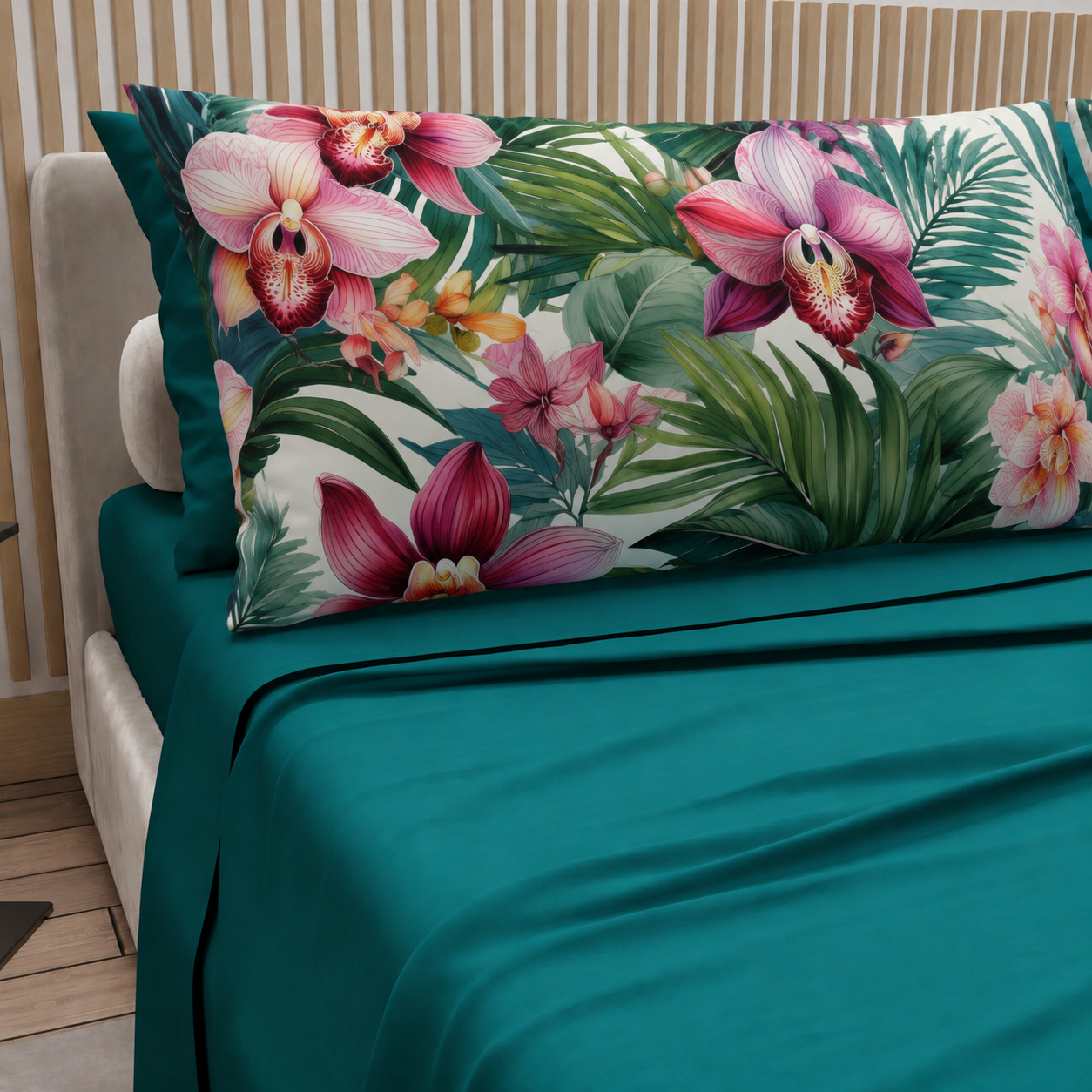 Lenzuola in Cotone, Completo Letto con Federe in Stampa Digitale Petalo 09 Ottanio