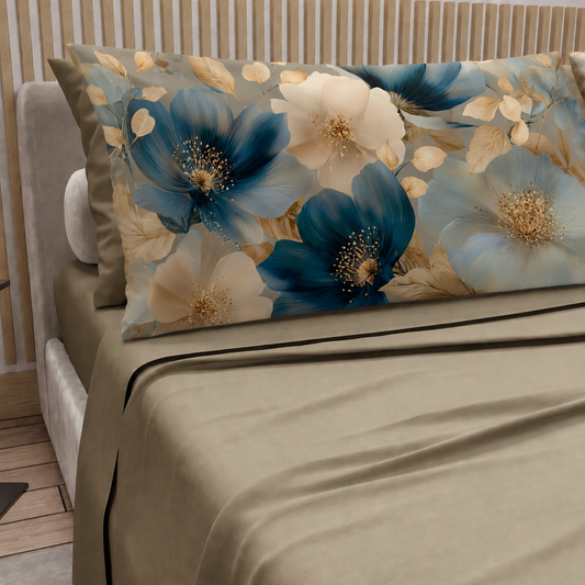 Lenzuola in Cotone, Completo Letto con Federe in Stampa Digitale Petalo 12 Tortora