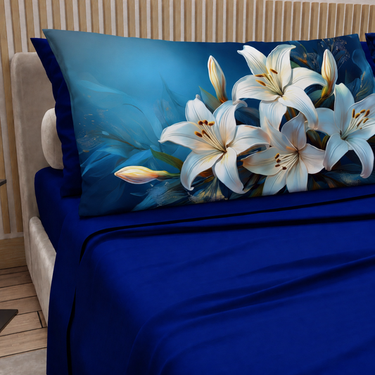 Lenzuola in Cotone, Completo Letto con Federe in Stampa Digitale Petalo 15 Blu Elettrico