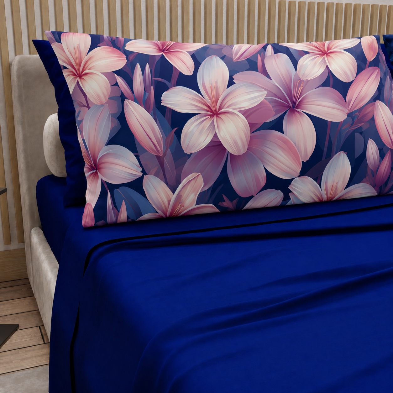 Lenzuola in Cotone, Completo Letto con Federe in Stampa Digitale Petalo 16 Blu Elettrico