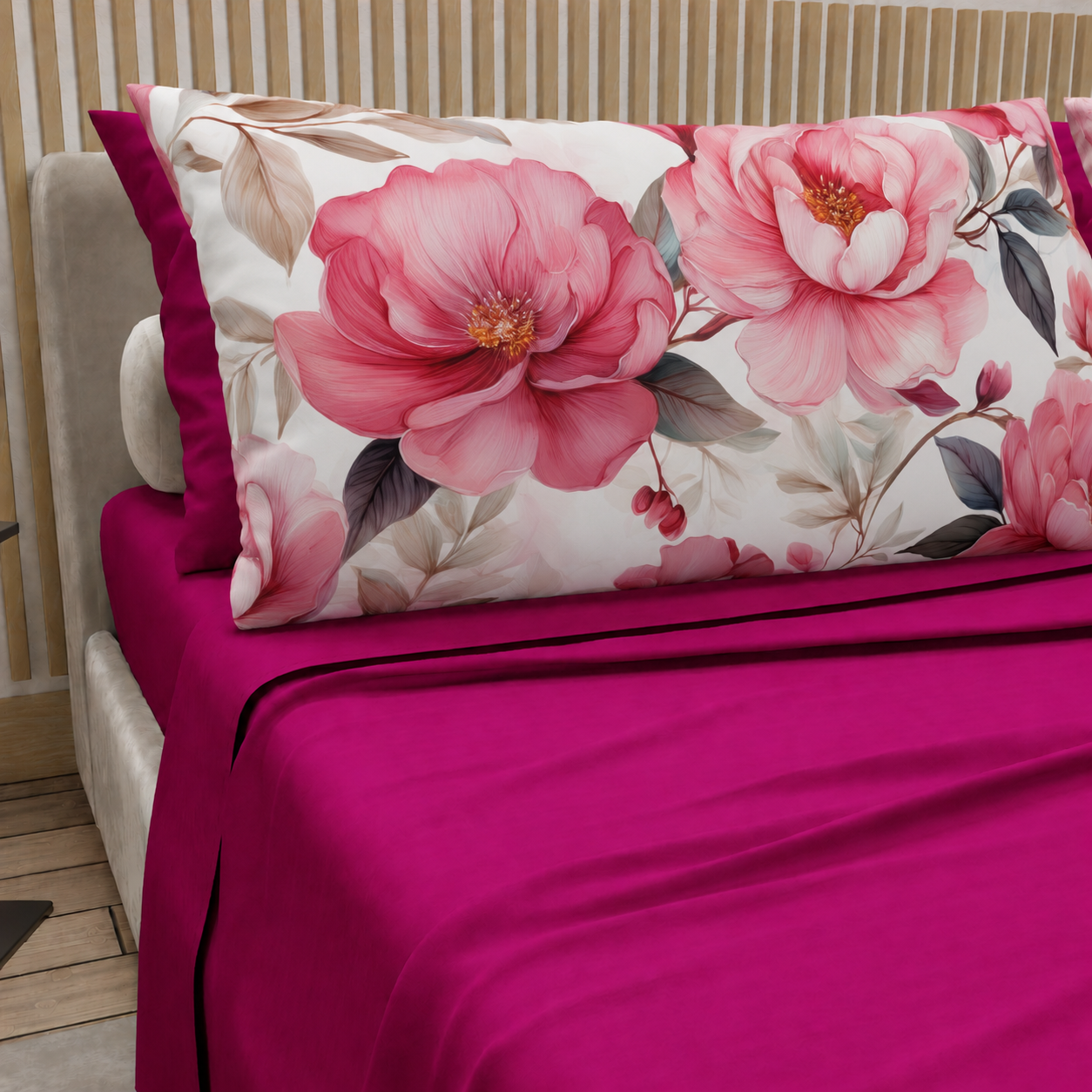 Lenzuola in Cotone, Completo Letto con Federe in Stampa Digitale Petalo 18 Fucsia
