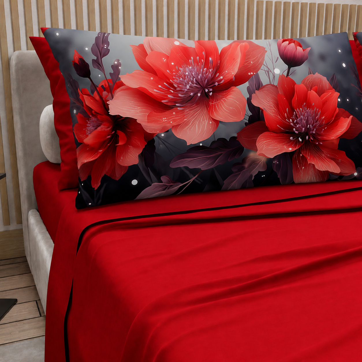 Lenzuola in Cotone, Completo Letto con Federe in Stampa Digitale Petalo 19 Rosso