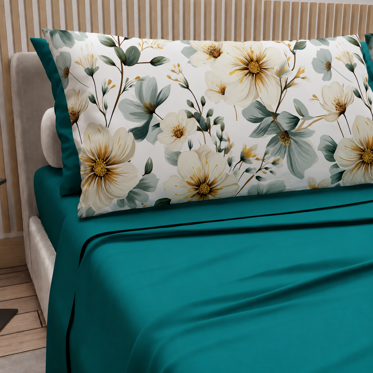 Lenzuola in Cotone, Completo Letto con Federe in Stampa Digitale Petalo 20 Ottanio