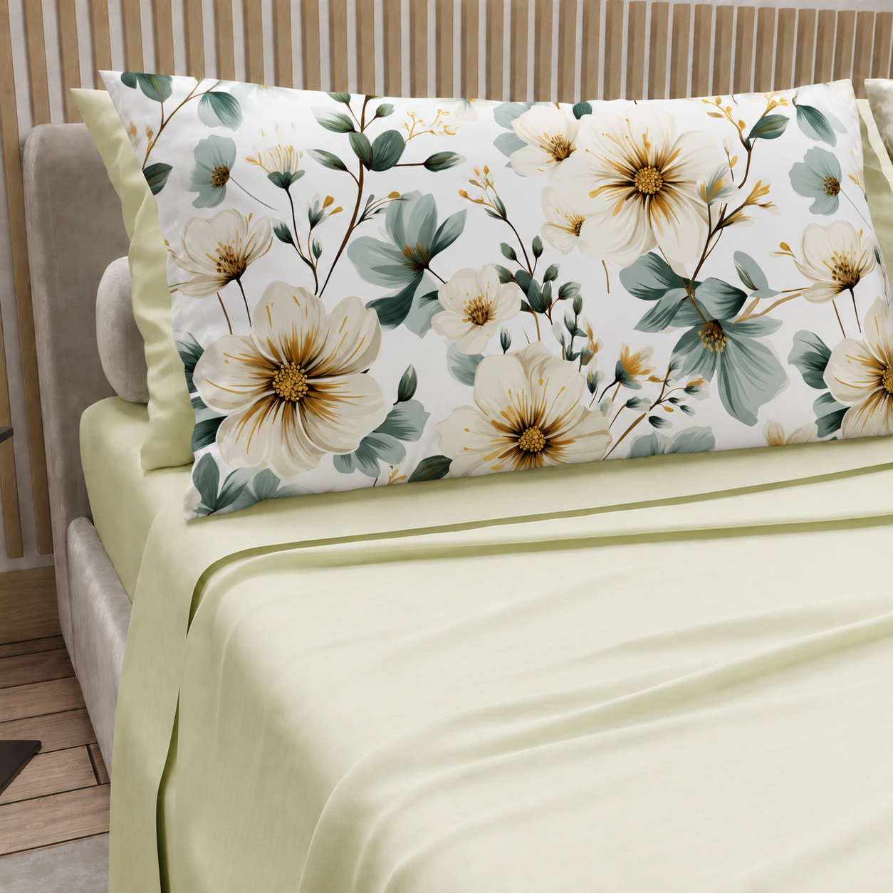 Lenzuola in Cotone, Completo Letto con Federe in Stampa Digitale Petalo 20 Panna.