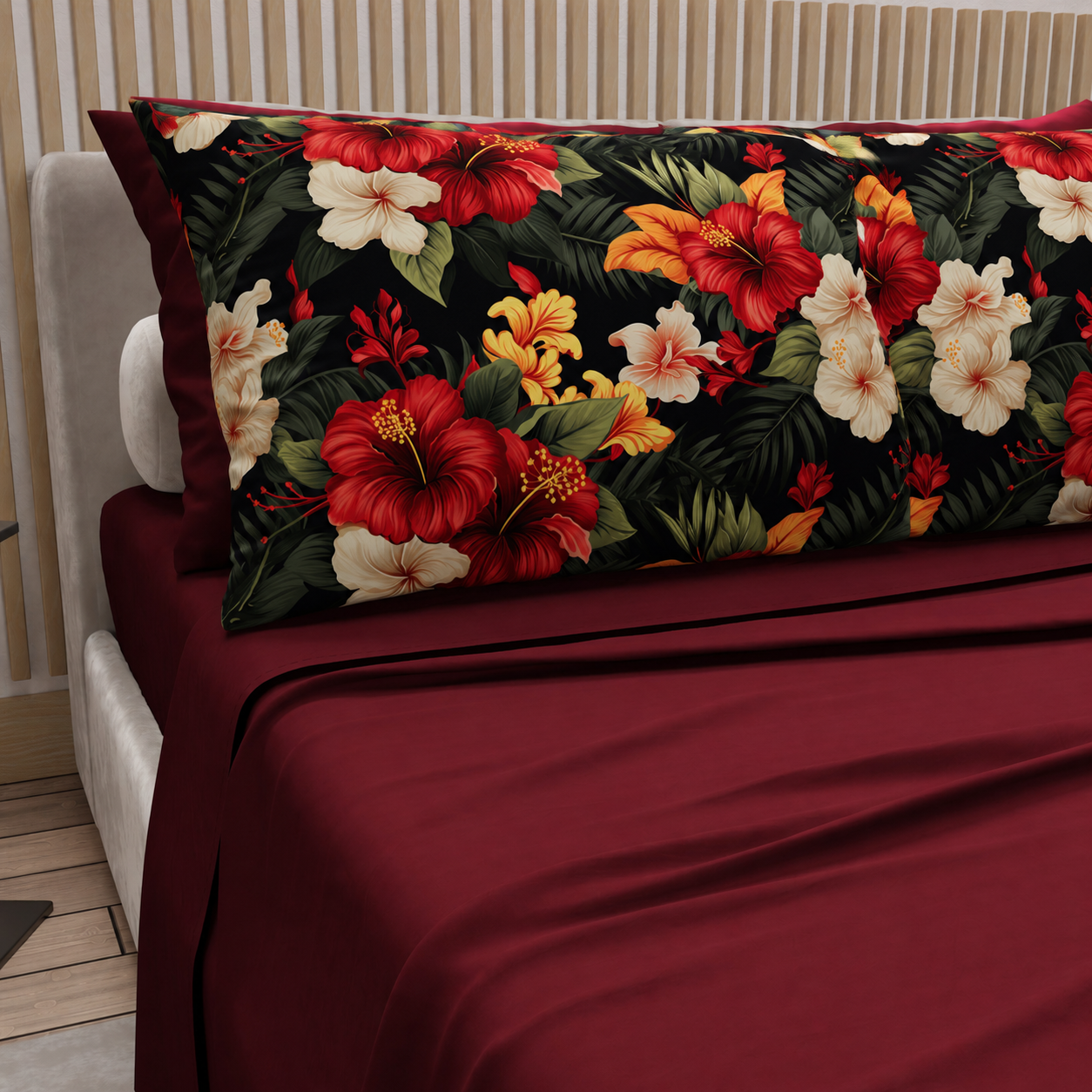 Lenzuola in Cotone, Completo Letto con Federe in Stampa Digitale Petalo 01 Bordeaux.