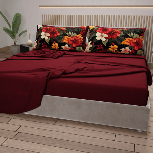 Lenzuola in Cotone, Completo Letto con Federe in Stampa Digitale Petalo 01 Bordeaux.