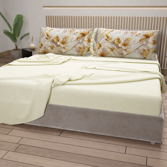 Lenzuola in Cotone, Completo Letto con Federe in Stampa Digitale Petalo 22 Panna