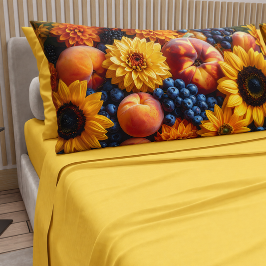 Lenzuola in Cotone, Completo Letto con Federe in Stampa Digitale Autunno 03 Giallo
