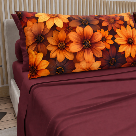 Lenzuola in Cotone, Completo Letto con Federe in Stampa Digitale Autunno 06 Bordeaux