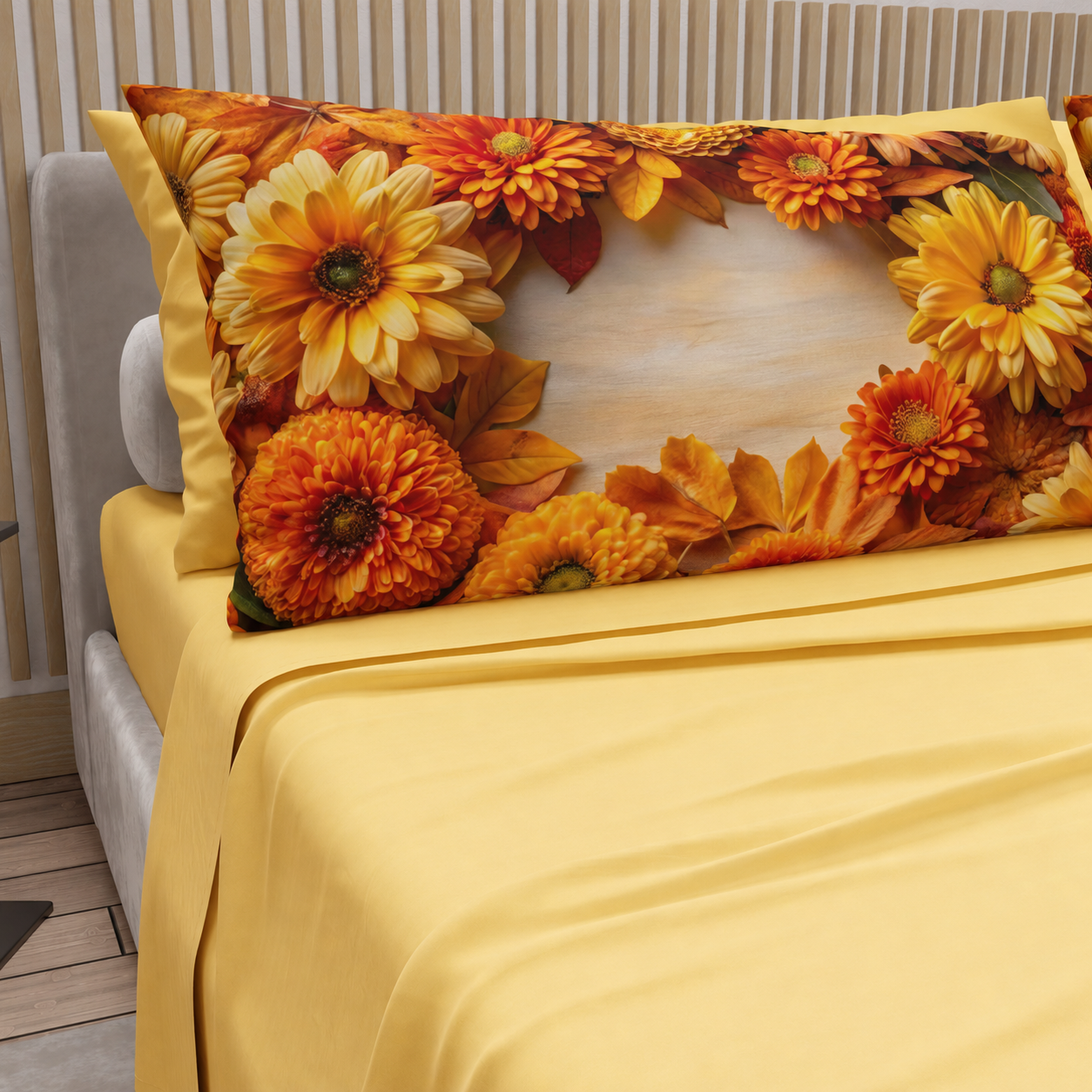 Lenzuola in Cotone, Completo Letto con Federe in Stampa Digitale Autunno 07 Giallo