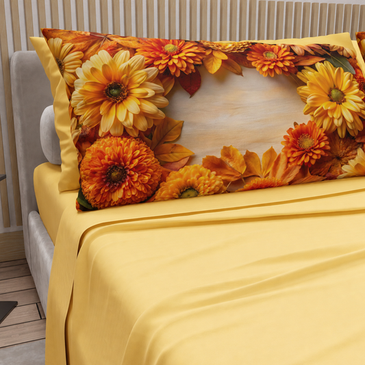 Lenzuola in Cotone, Completo Letto con Federe in Stampa Digitale Autunno 07 Giallo