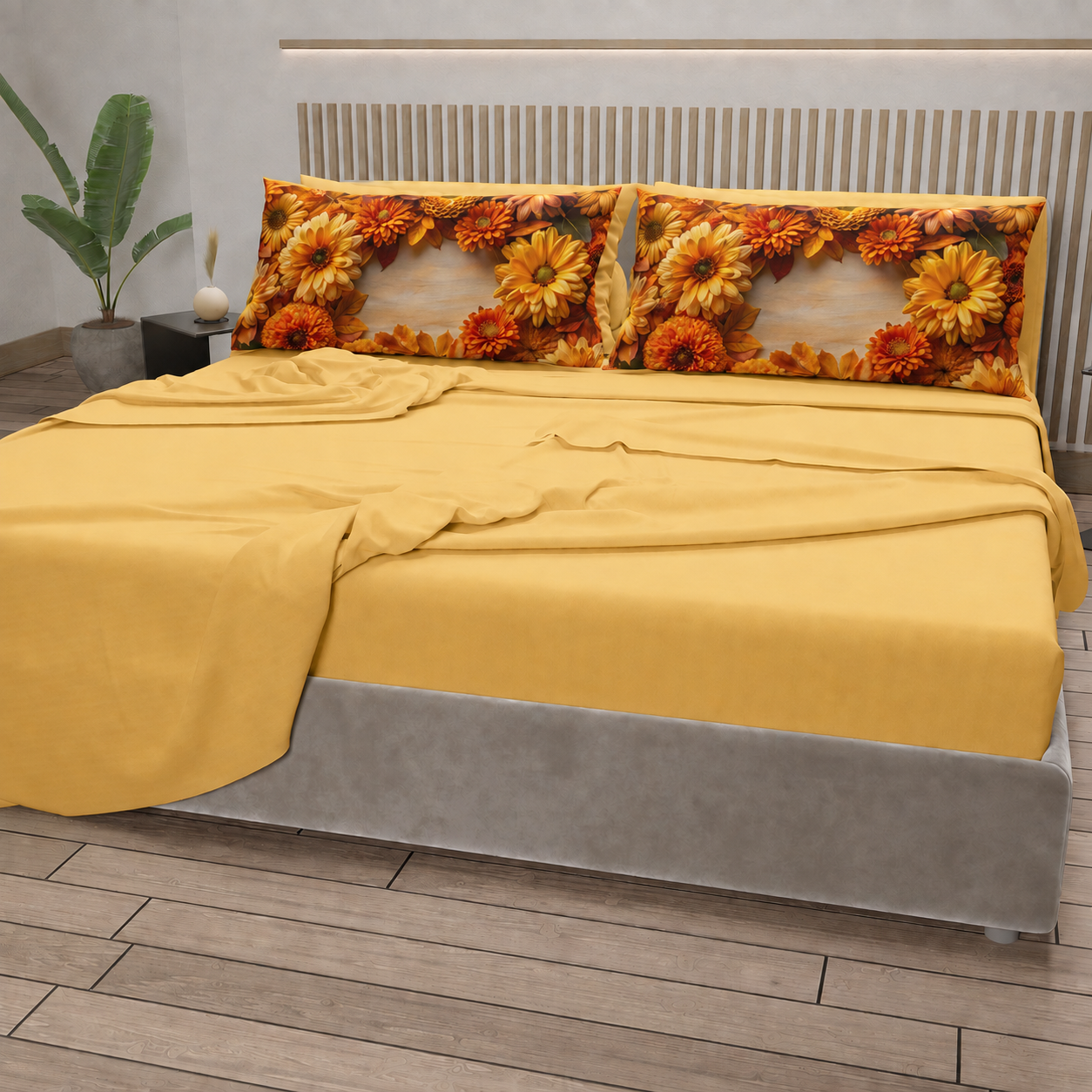 Lenzuola in Cotone, Completo Letto con Federe in Stampa Digitale Autunno 07 Giallo