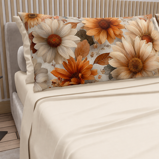 Lenzuola in Cotone, Completo Letto con Federe in Stampa Digitale Autunno 09 Panna