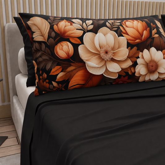 Lenzuola in Cotone, Completo Letto con Federe in Stampa Digitale Autunno 11 Nero