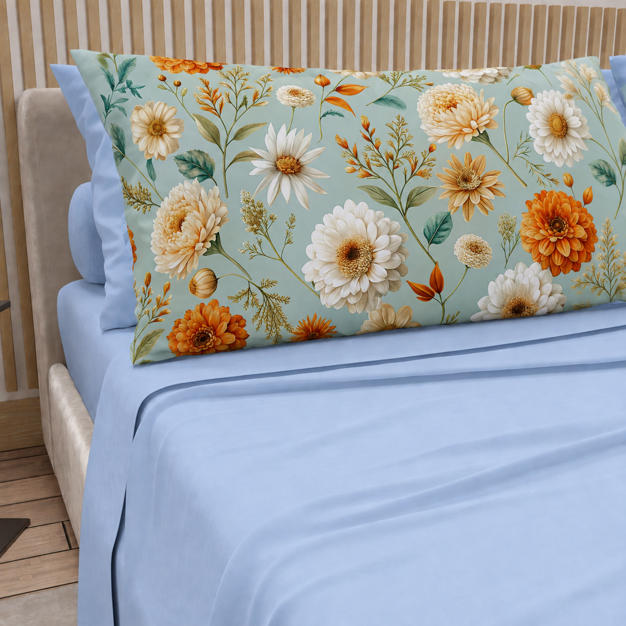 Lenzuola in Cotone, Completo Letto con Federe in Stampa Digitale Autunno 13 Celeste