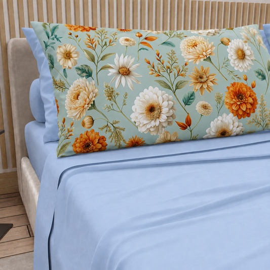 Lenzuola in Cotone, Completo Letto con Federe in Stampa Digitale Autunno 13 Celeste