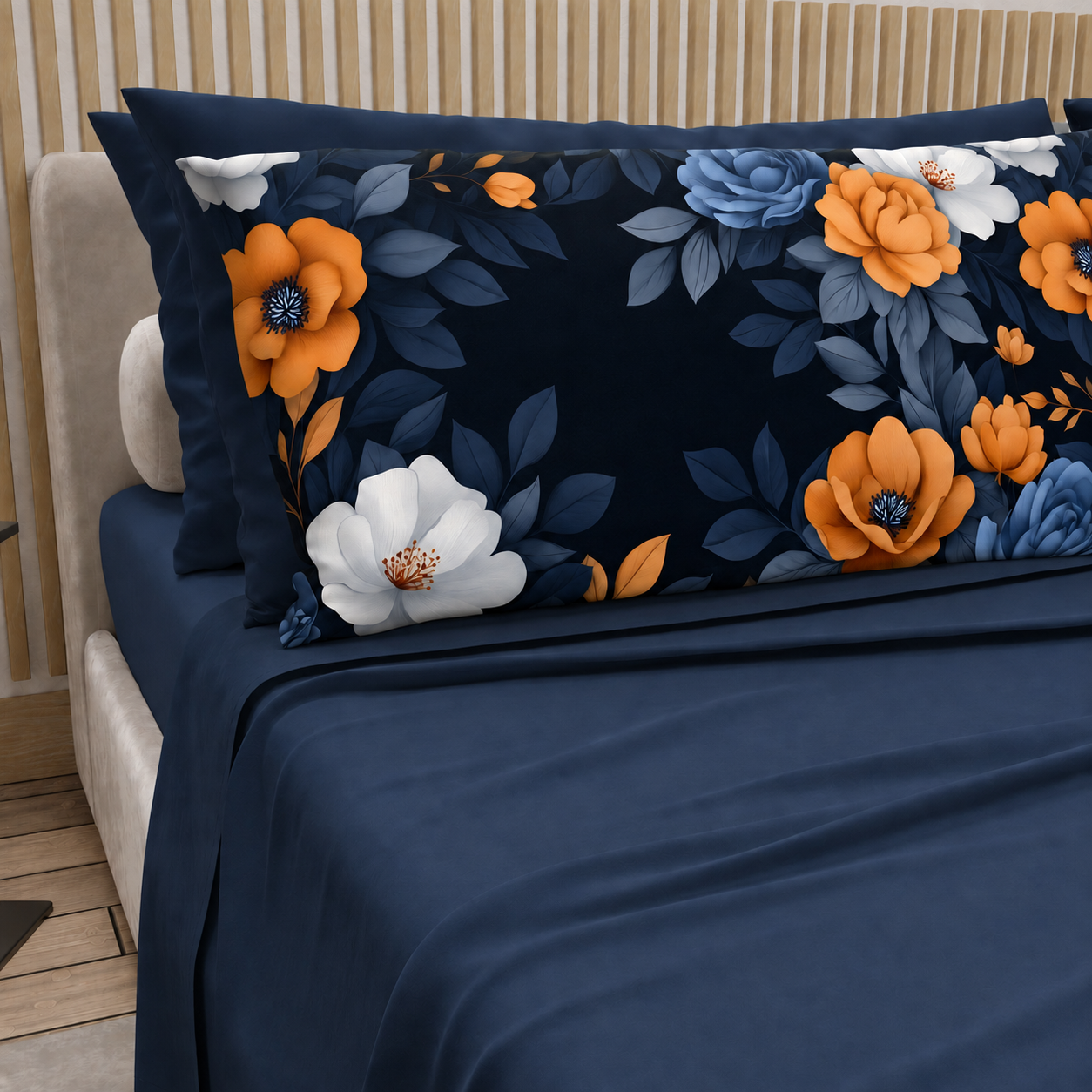 Lenzuola in Cotone, Completo Letto con Federe in Stampa Digitale Autunno 04 Blu Notte