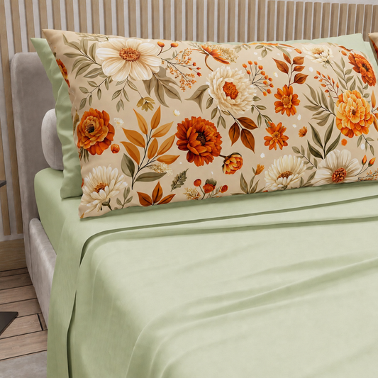 Lenzuola in Cotone, Completo Letto con Federe in Stampa Digitale Autunno 08 Salvia