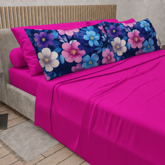 Lenzuola in Cotone, Completo Letto con Federe in Stampa Digitale Petalo 05 Fucsia