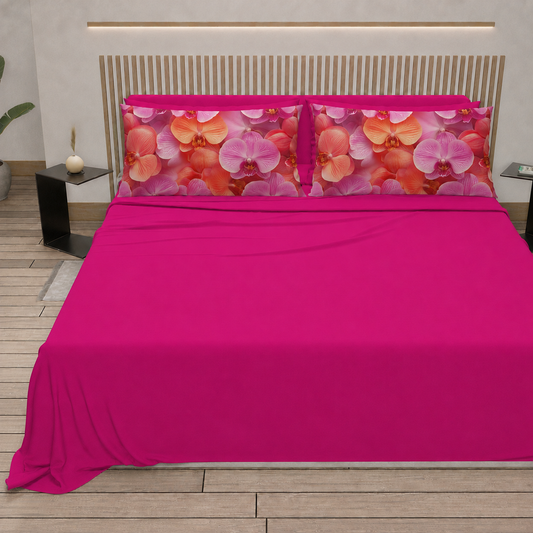 Lenzuola in Cotone, Completo Letto con Federe in Stampa Digitale Petalo 08 Fucsia