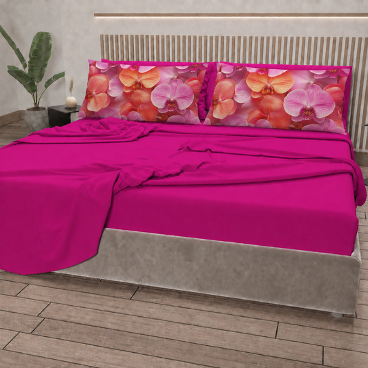 Lenzuola in Cotone, Completo Letto con Federe in Stampa Digitale Petalo 08 Fucsia