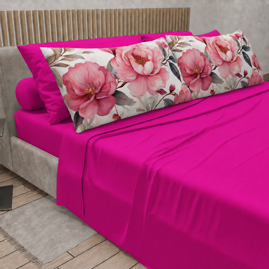 Lenzuola in Cotone, Completo Letto con Federe in Stampa Digitale Petalo 18 Fucsia
