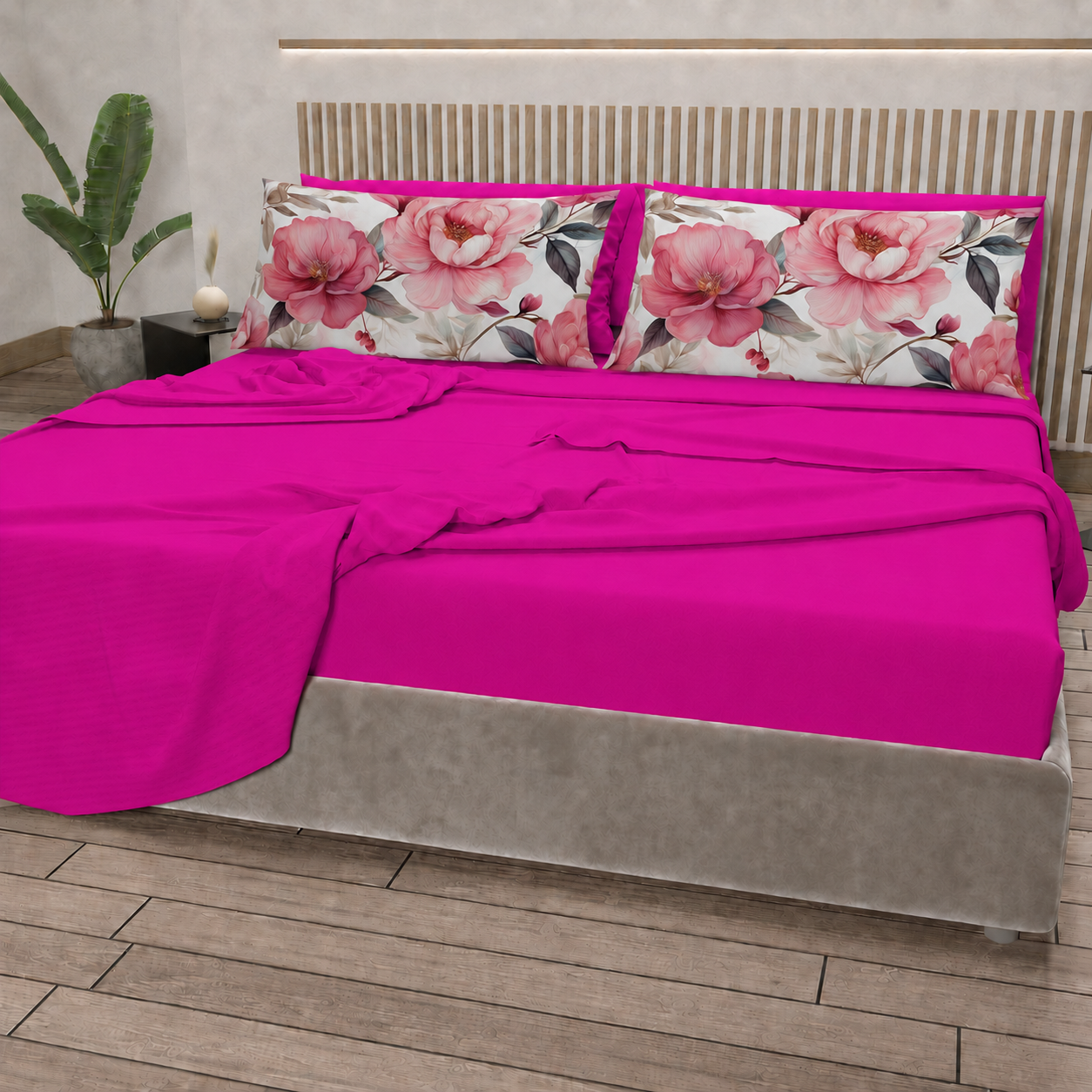 Lenzuola in Cotone, Completo Letto con Federe in Stampa Digitale Petalo 18 Fucsia