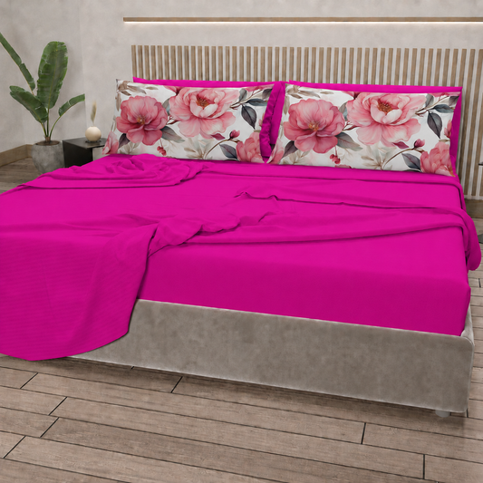 Lenzuola in Cotone, Completo Letto con Federe in Stampa Digitale Petalo 18 Fucsia