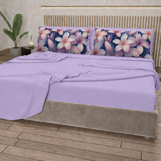 Lenzuola in Cotone, Completo Letto con Federe in Stampa Digitale Petalo 16 Lilla