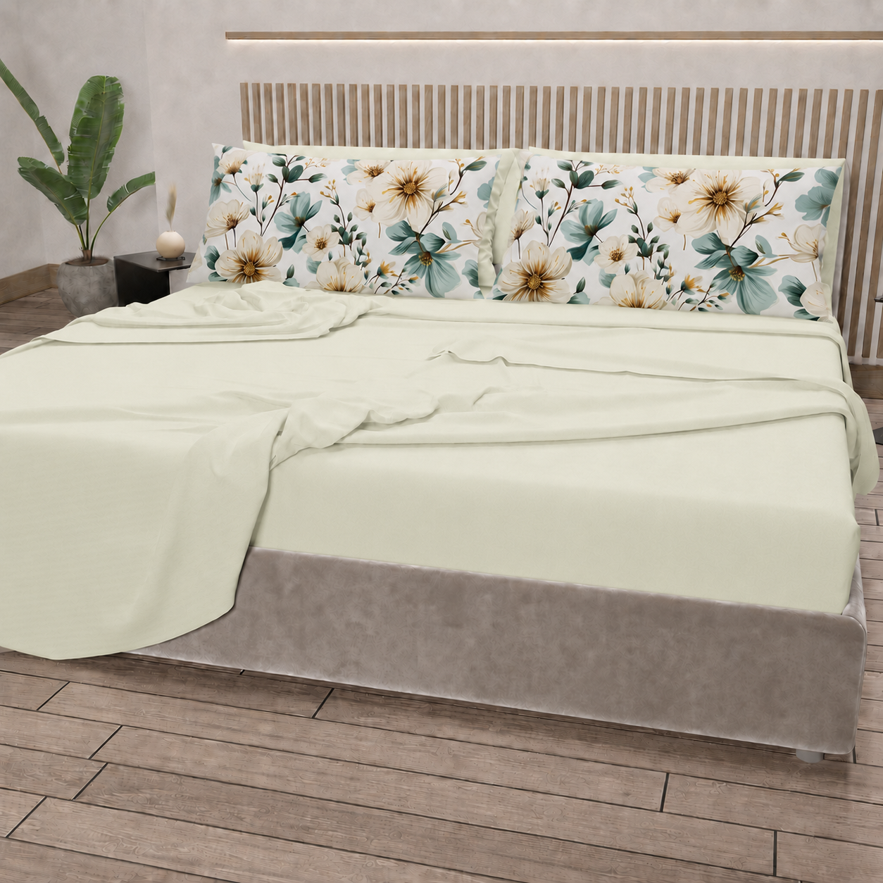 Lenzuola in Cotone, Completo Letto con Federe in Stampa Digitale Petalo 20 Panna