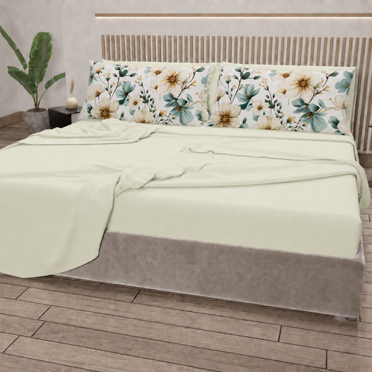Lenzuola in Cotone, Completo Letto con Federe in Stampa Digitale Petalo 20 Panna
