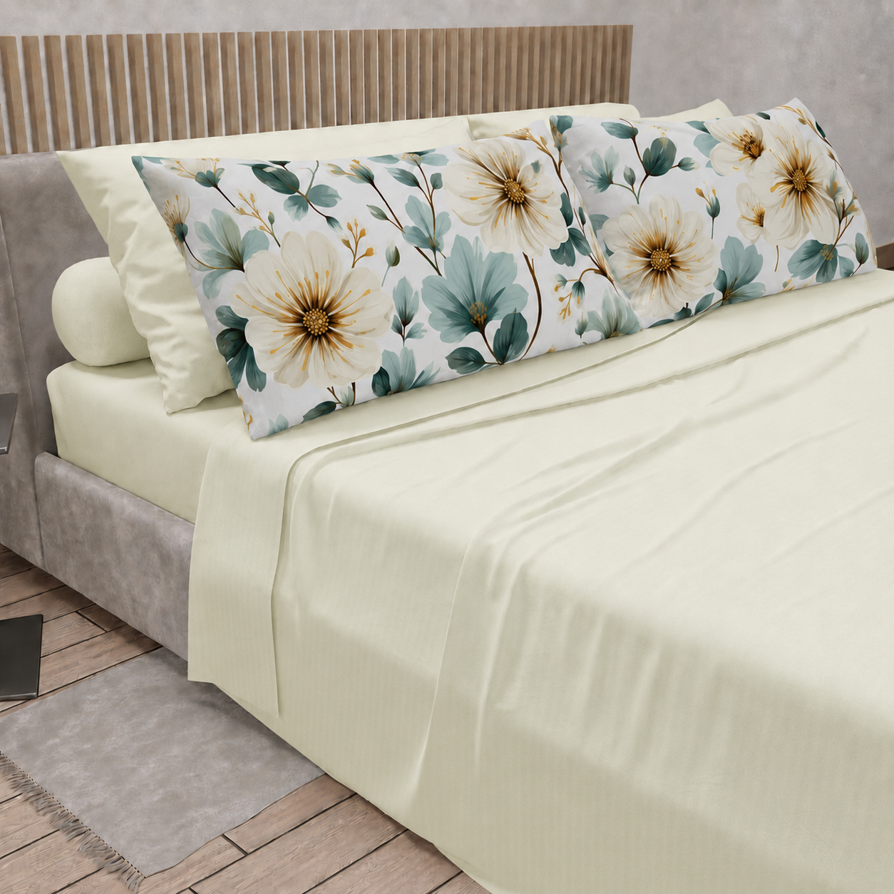 Lenzuola in Cotone, Completo Letto con Federe in Stampa Digitale Petalo 20 Panna