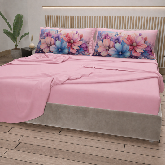Lenzuola in Cotone, Completo Letto con Federe in Stampa Digitale Petalo 11 Rosa