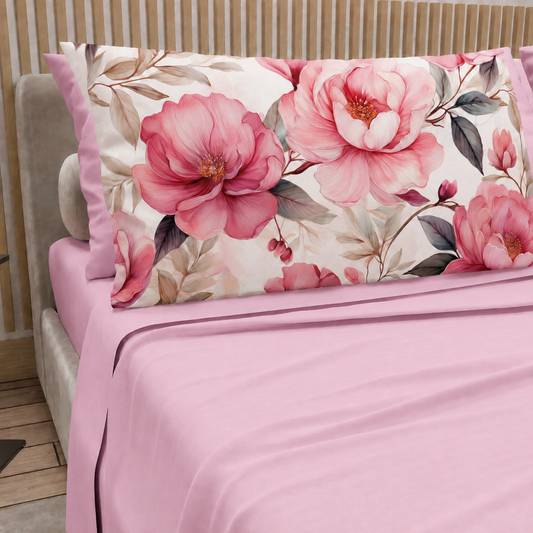 Lenzuola in Cotone, Completo Letto con Federe in Stampa Digitale Petalo 18 Rosa