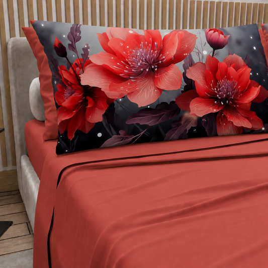 Lenzuola in Cotone, Completo Letto con Federe in Stampa Digitale Petalo 19 Rosso