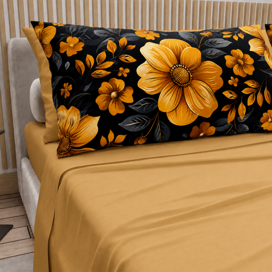 Lenzuola in Cotone, Completo Letto con Federe in Stampa Digitale Autunno 02 Giallo