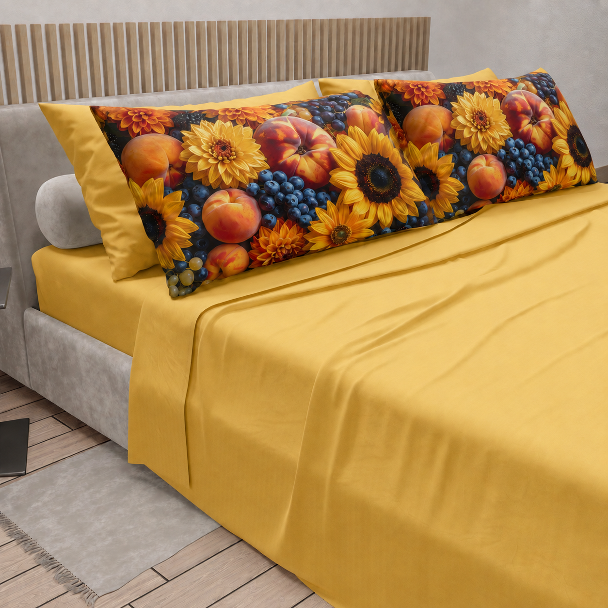 Lenzuola in Cotone, Completo Letto con Federe in Stampa Digitale Autunno 03 Giallo