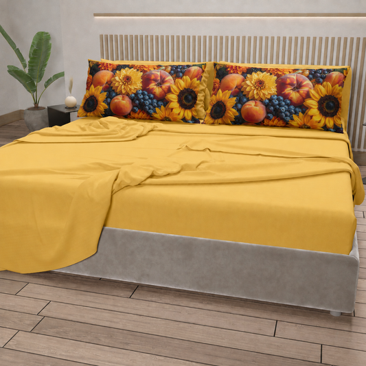 Lenzuola in Cotone, Completo Letto con Federe in Stampa Digitale Autunno 03 Giallo