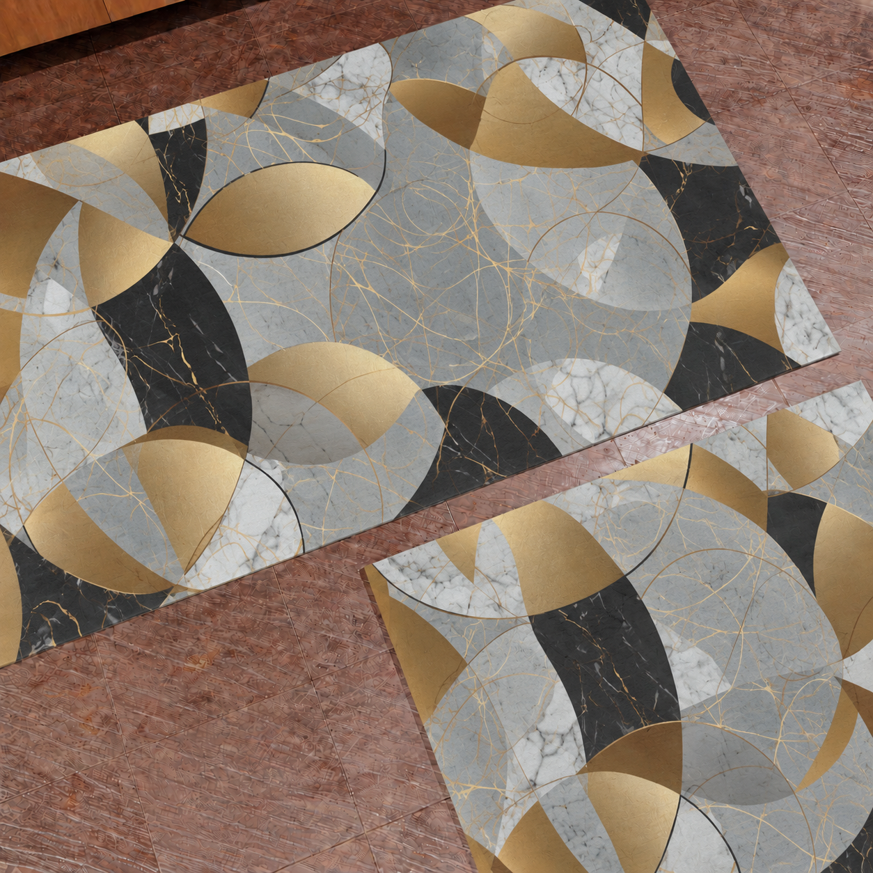 Tapis de cuisine antidérapant, couloir de cuisine lavable, Cuisine Geo - Cercle Noir Or