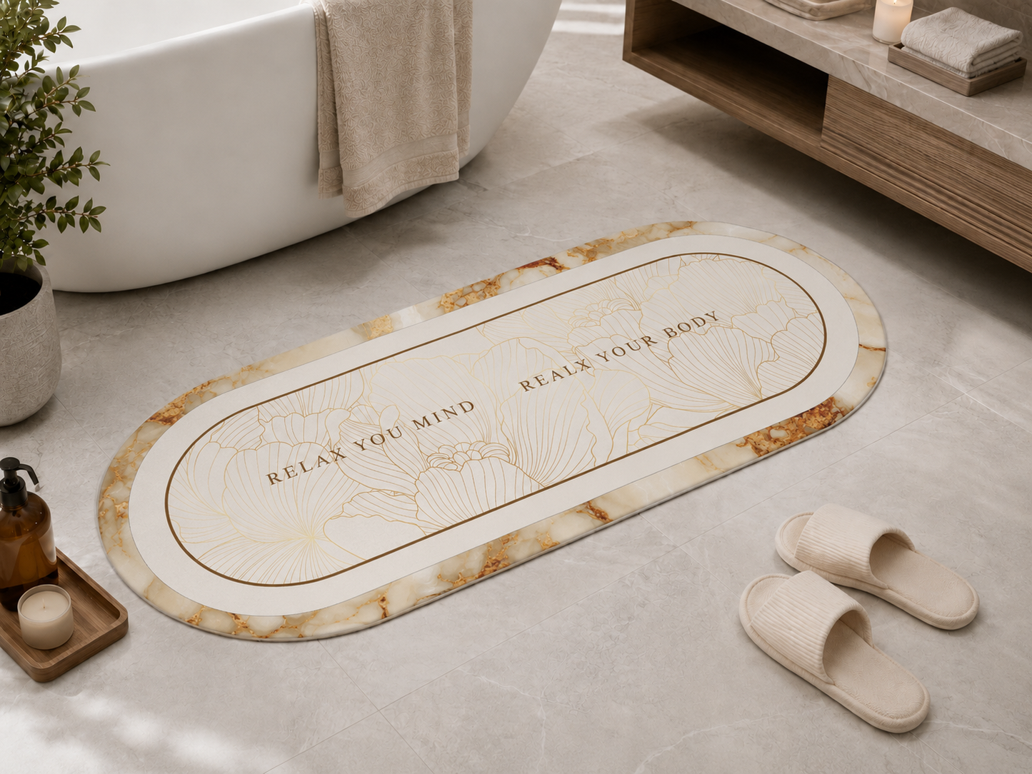Tappeto Bagno Stampa Digitale Forma Ovale Stone Oro