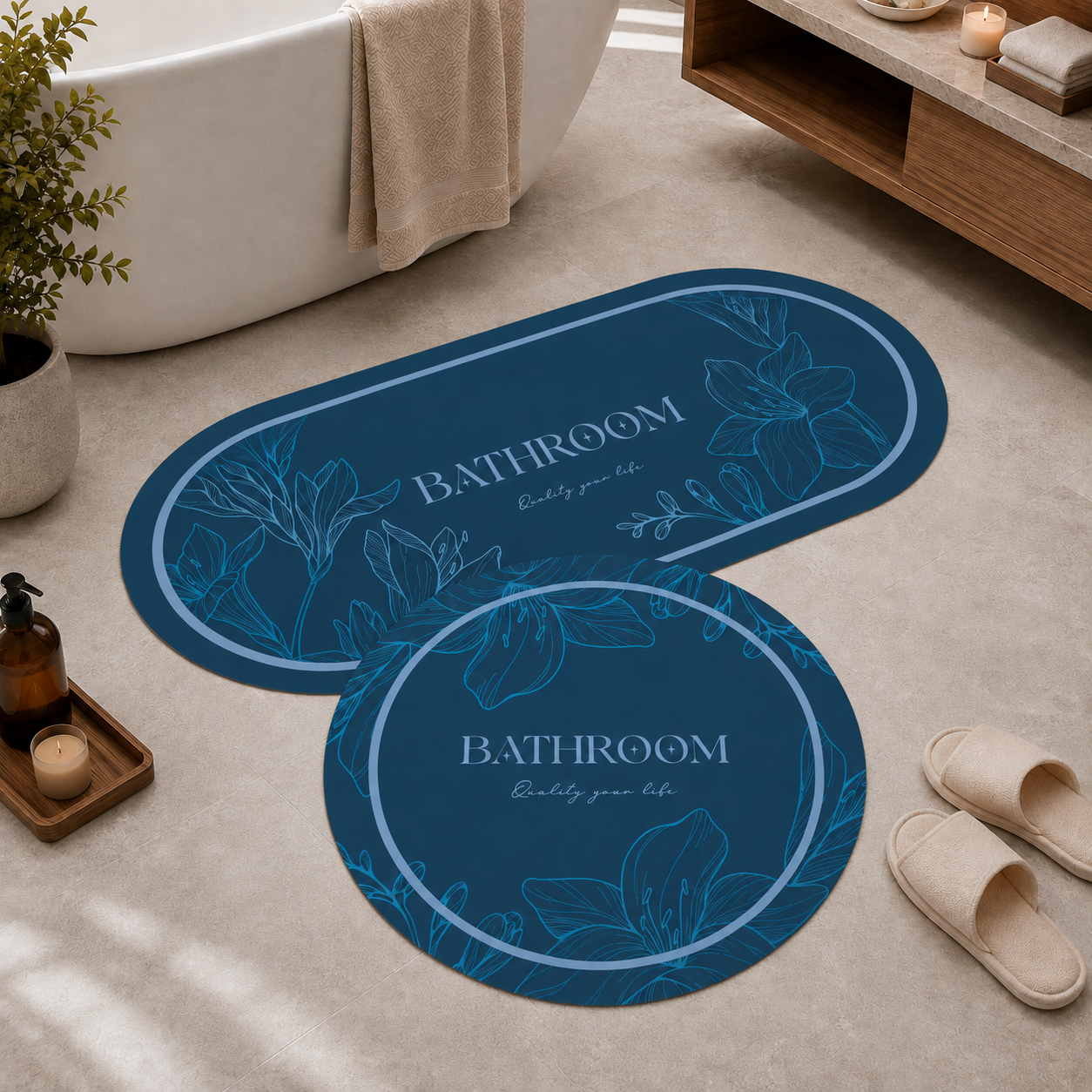 Tappeto Bagno Stampa Digitale Forma Ovale Clean Blu