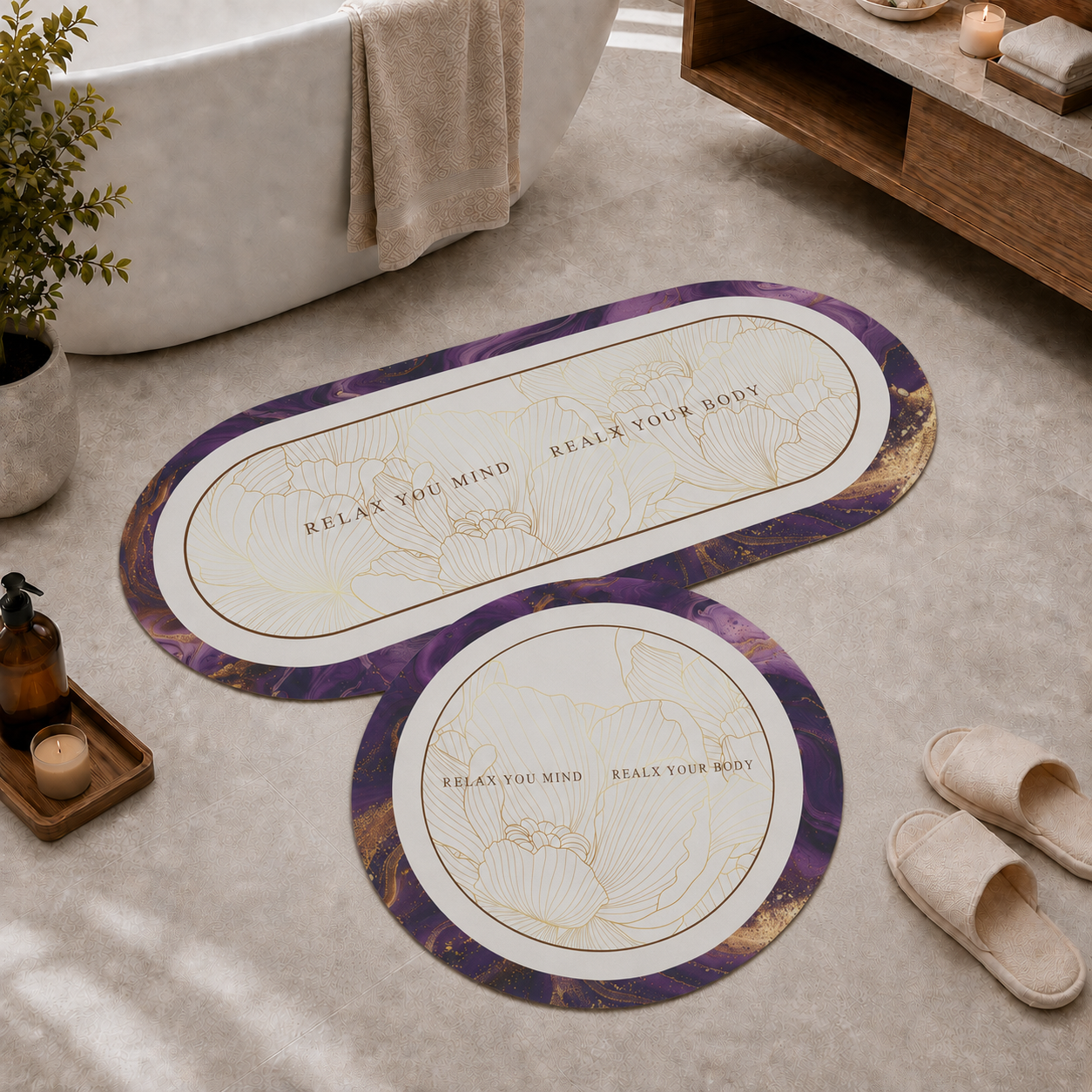 Tappeto Bagno Stampa Digitale Forma Ovale Stone Viola.