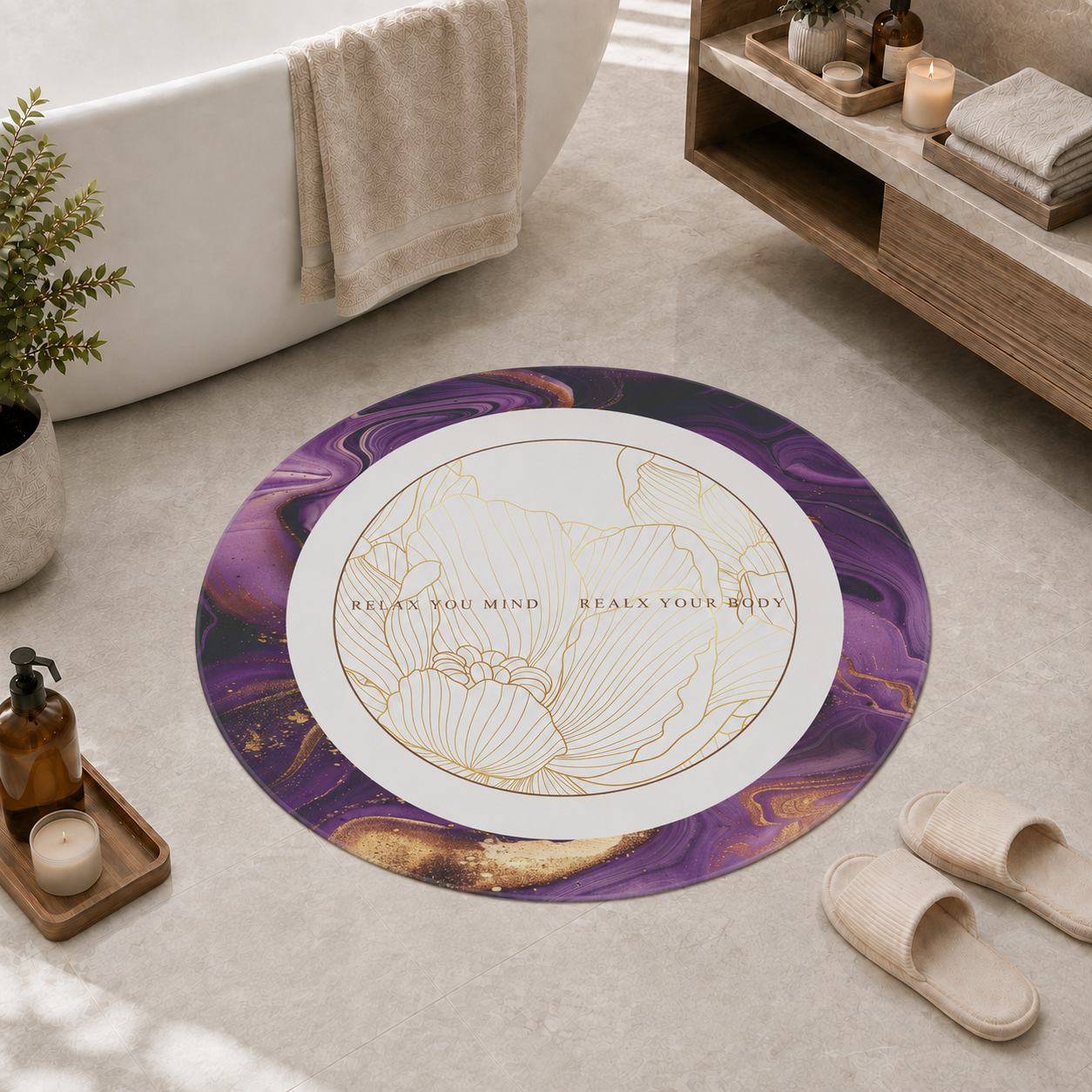 Tappeto Bagno Stampa Digitale Forma Ovale Stone Viola.