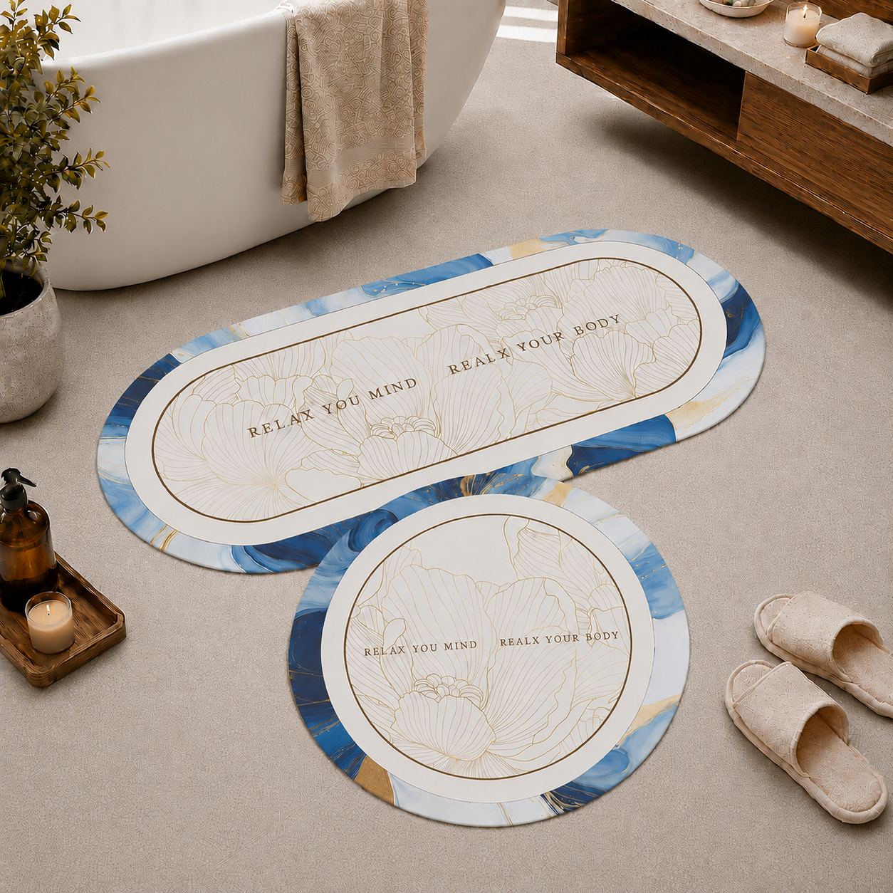 Tappeto Bagno Stampa Digitale Forma Ovale Stone Blu