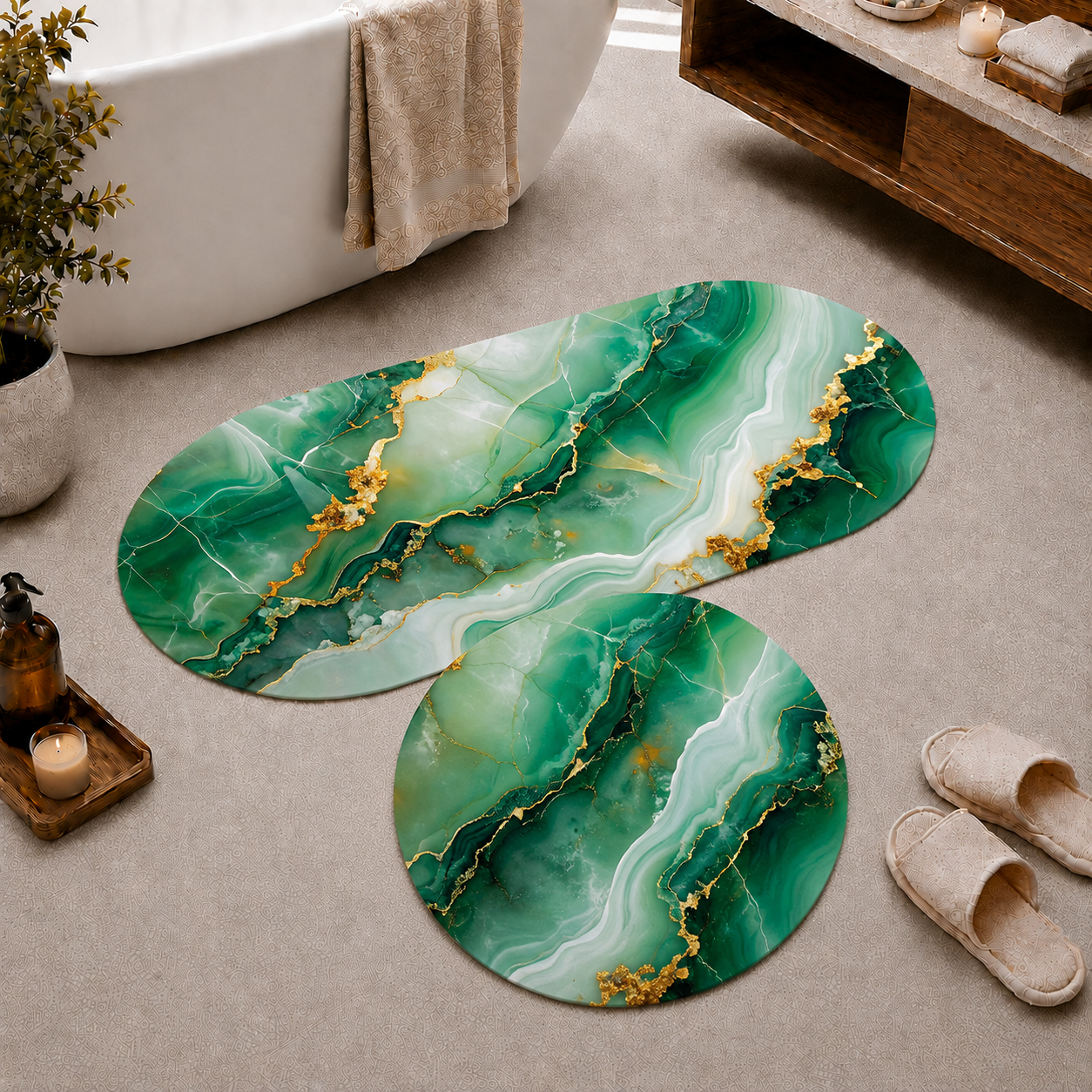 Tappeto Bagno Stampa Digitale Forma Ovale Quarz Verde