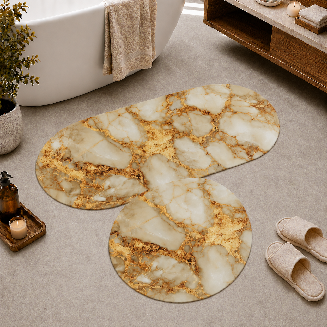 Tappeto Bagno Stampa Digitale Forma Ovale Quarz Oro
