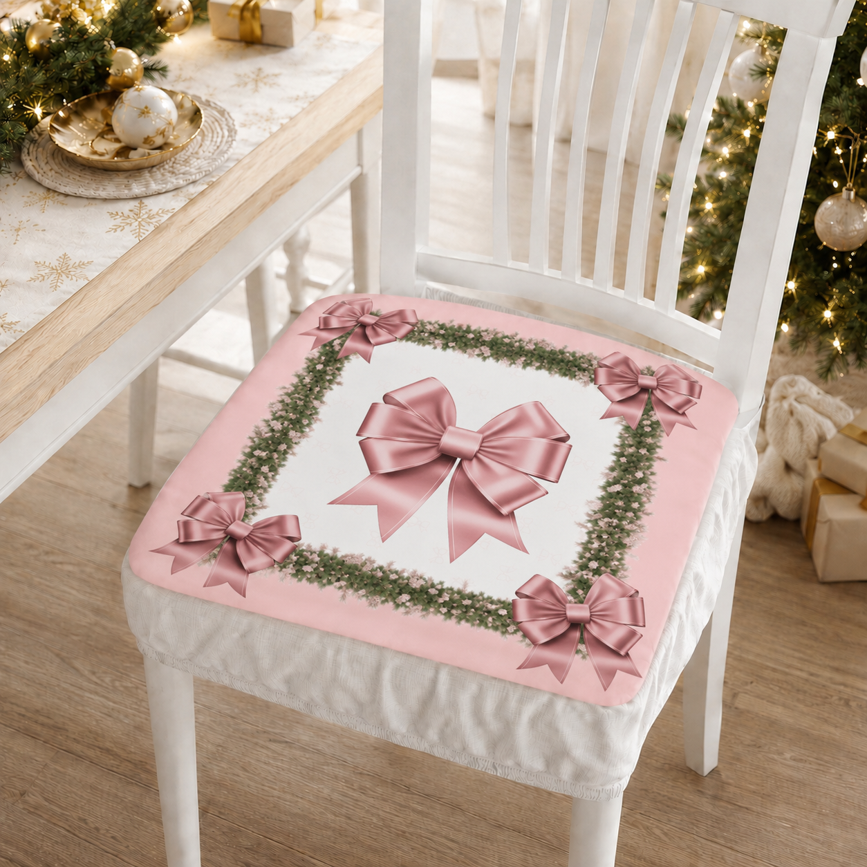 Coprisedia Natalizi con Elastico in Stampa Digitale Fiocco Rosa Piume.